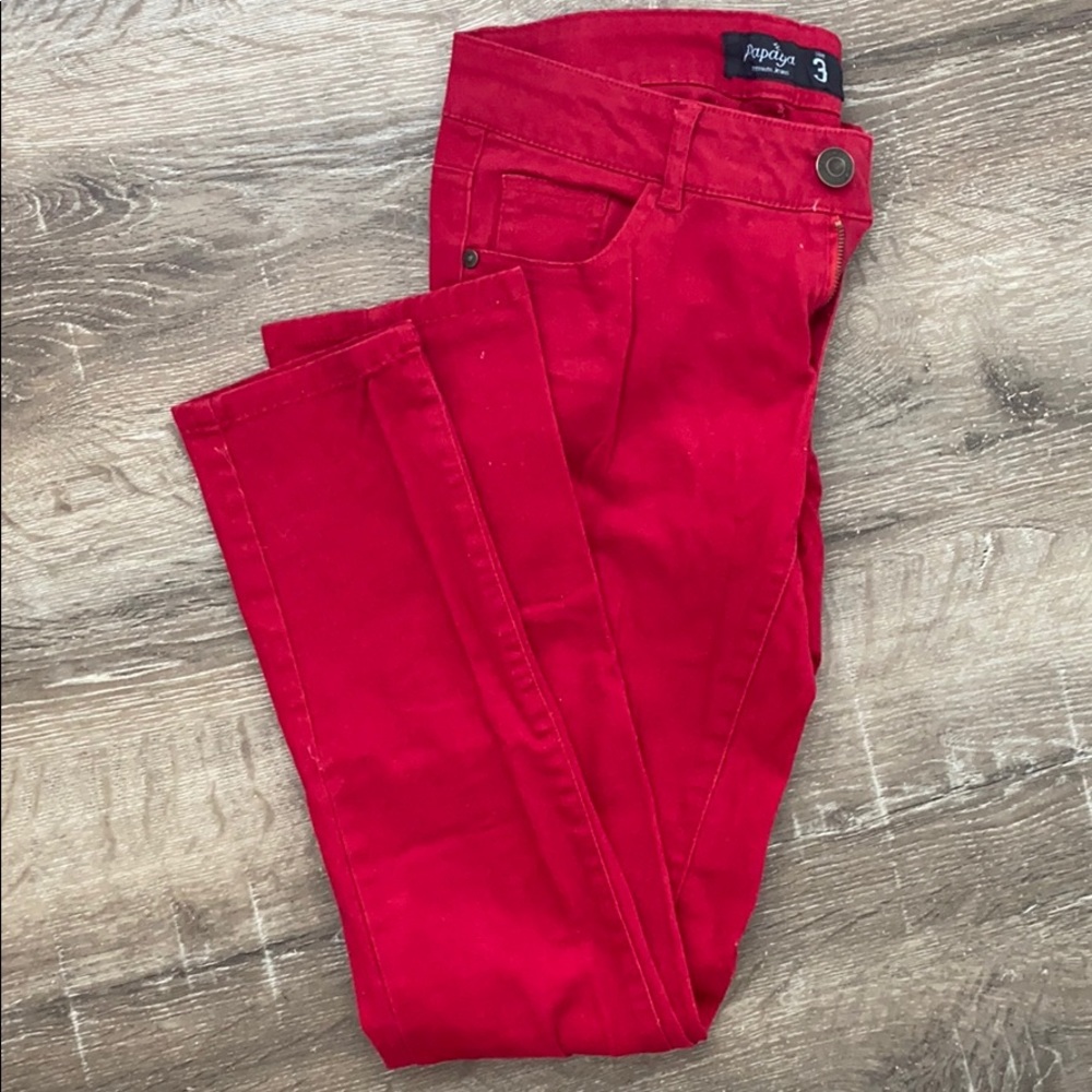Red, straight leg jeans
